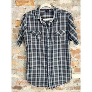Burnside Button Up Shirt Mens Sz M Black Grey Plaid Short Sleeve Rp